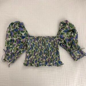 For Love & Lemons Blue Floral Smocked Puff Sleeve Crop Top Size S